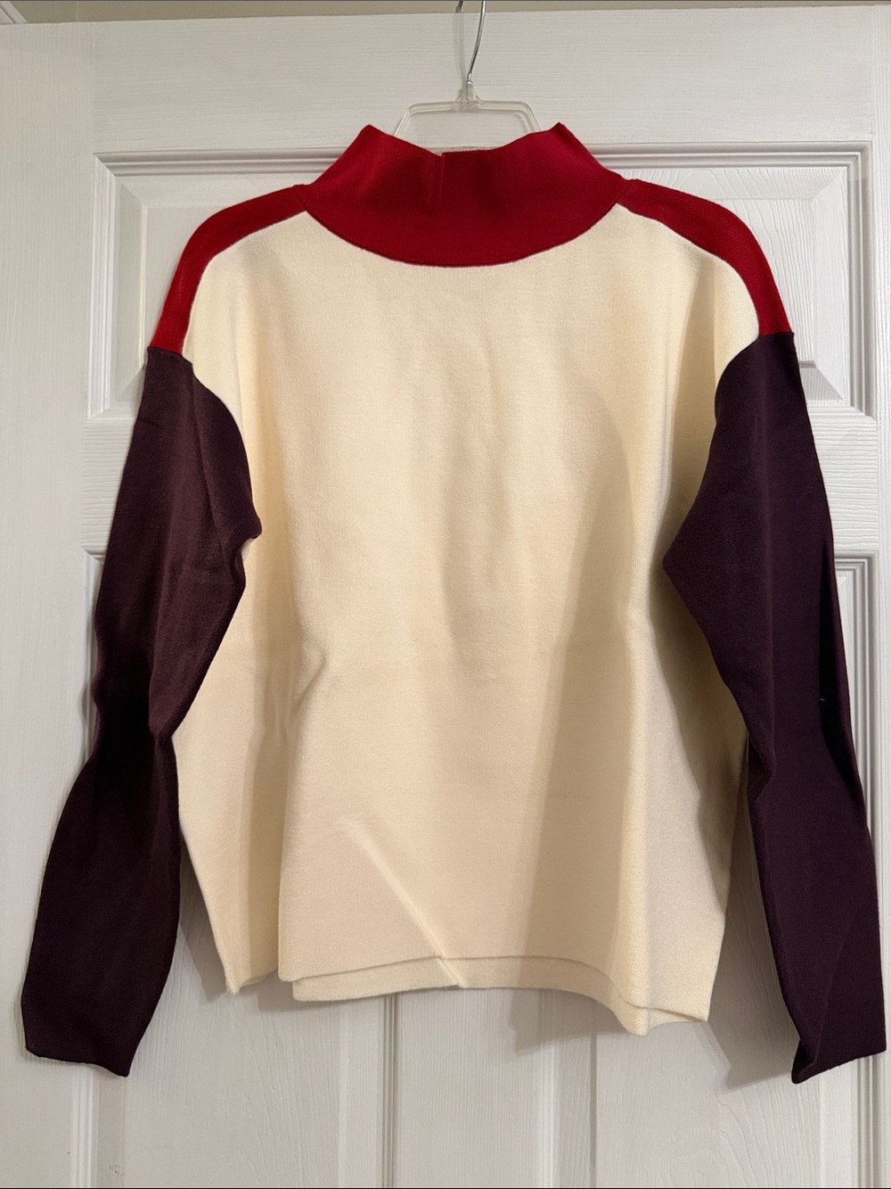 Maeve Cary’s Cream, Red & Dark Brown Colorblock Mock Neck Sweater